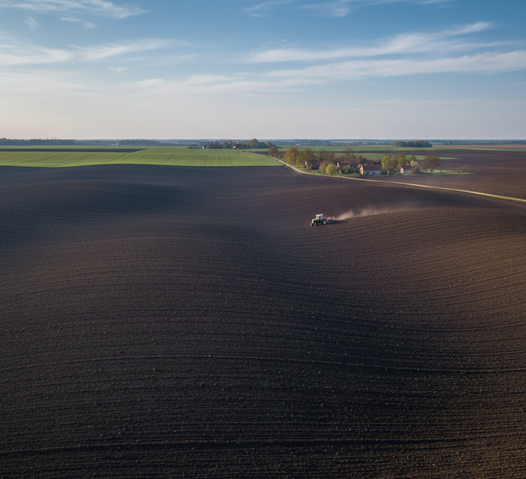 Tractor cultivating fertile black soil agricultural land